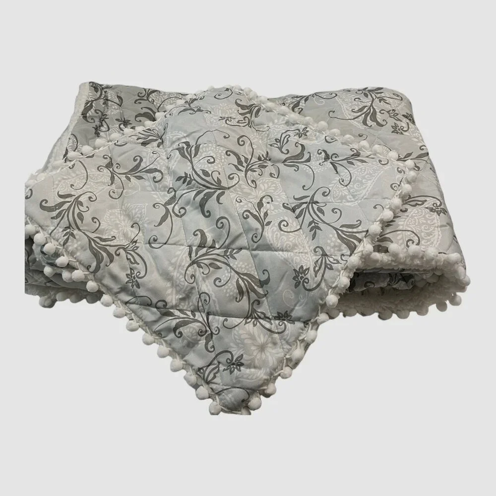 Pom-Pom Throw Blanket‎ and Pillow Set Blue Silver Grey Scroll
